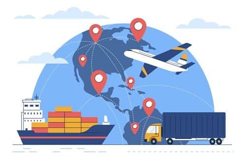Global shipment routes connecting sea, air, and road freight